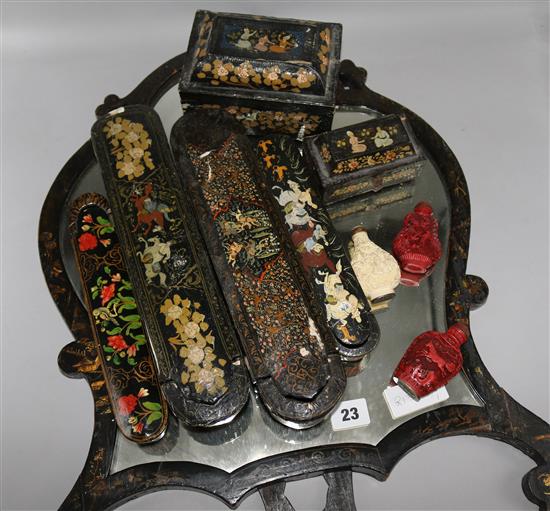 A collection of lacquer boxes, a mirror and 3 Chinese scent bottles